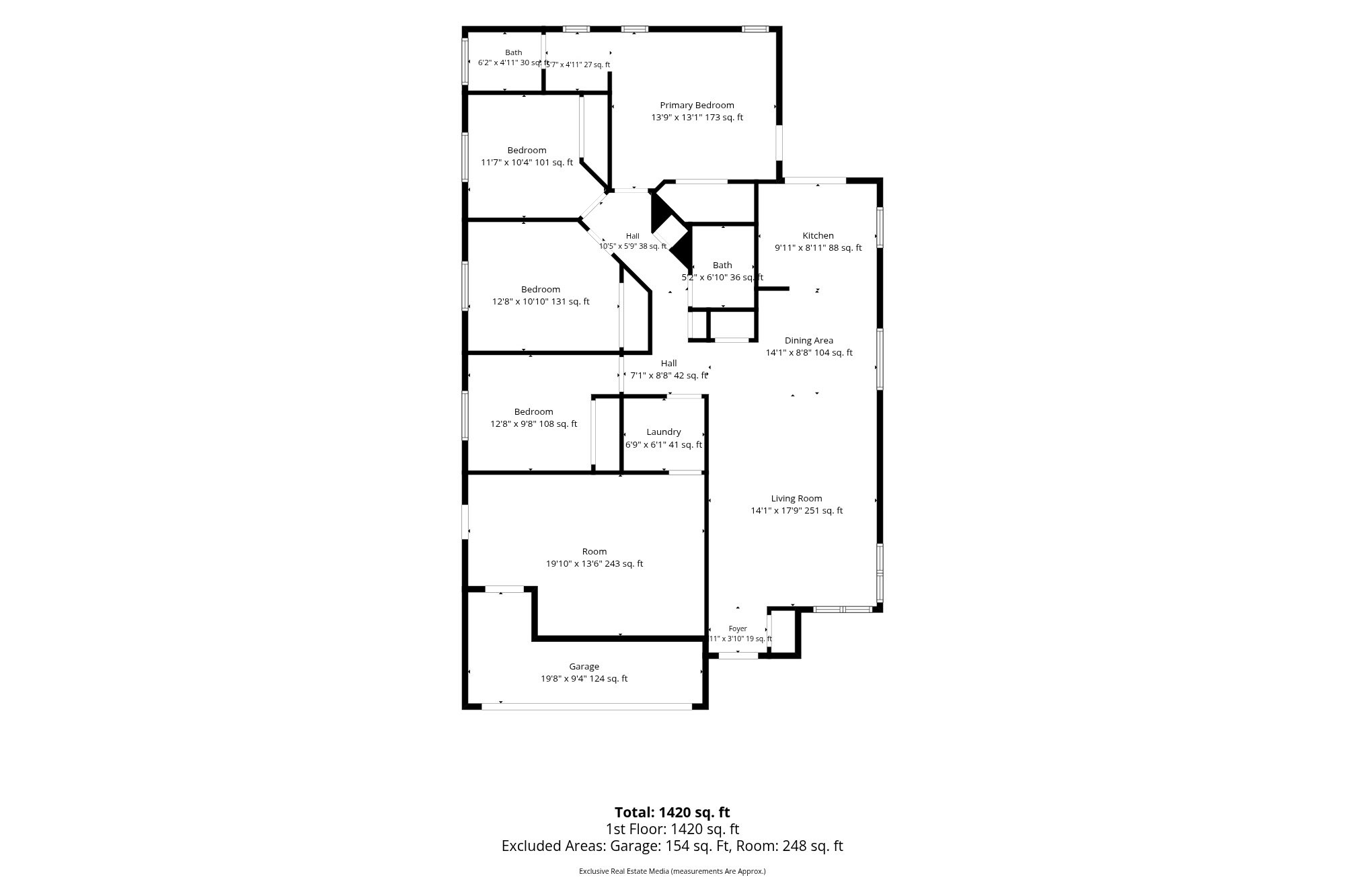Floor plan with dimensions of 2811 Vistamont Way, Chico, CA 95973 — 4 bedrooms, 2 bathrooms, 1,402 square feet