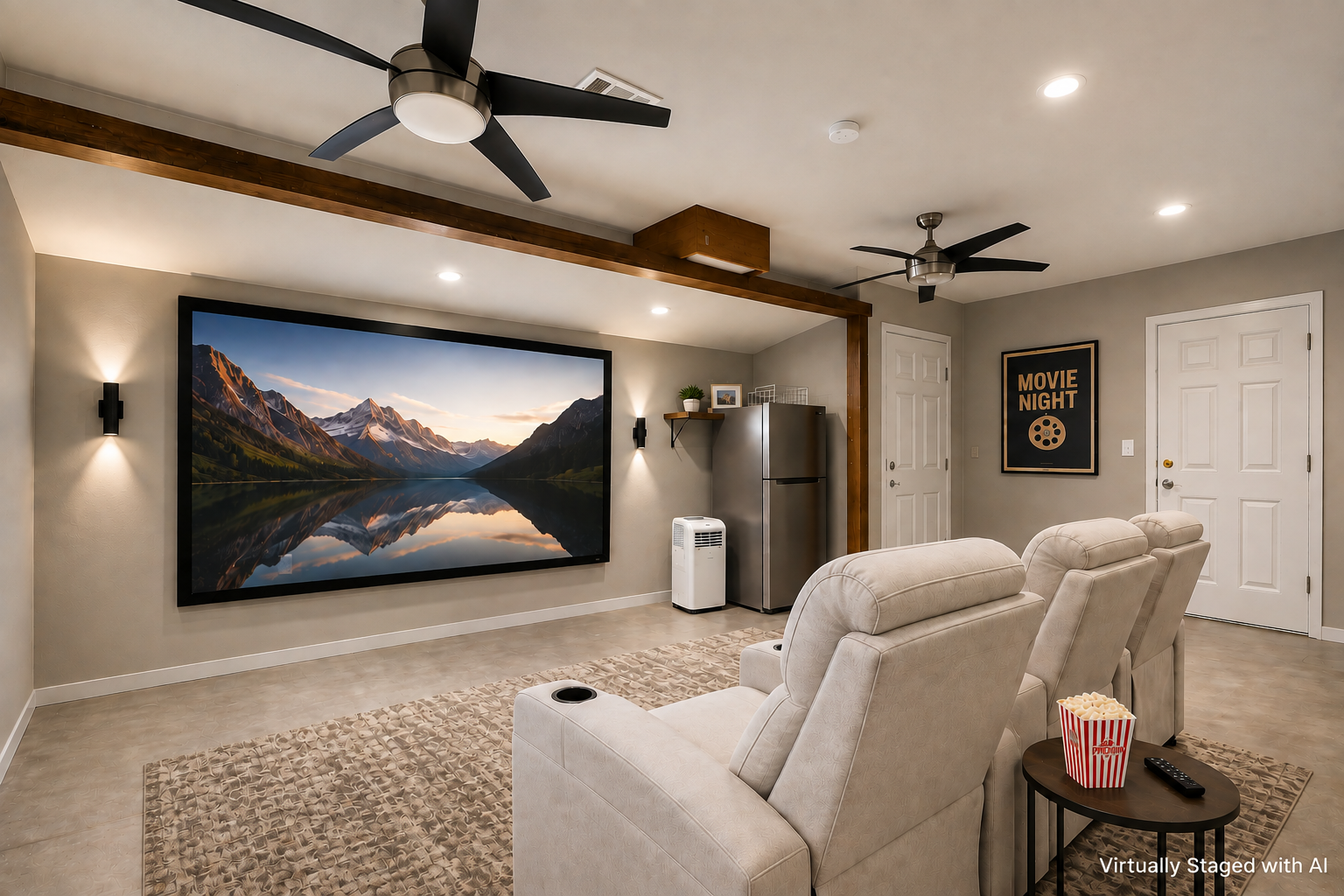 Finished garage bonus room shown with digitally added furniture