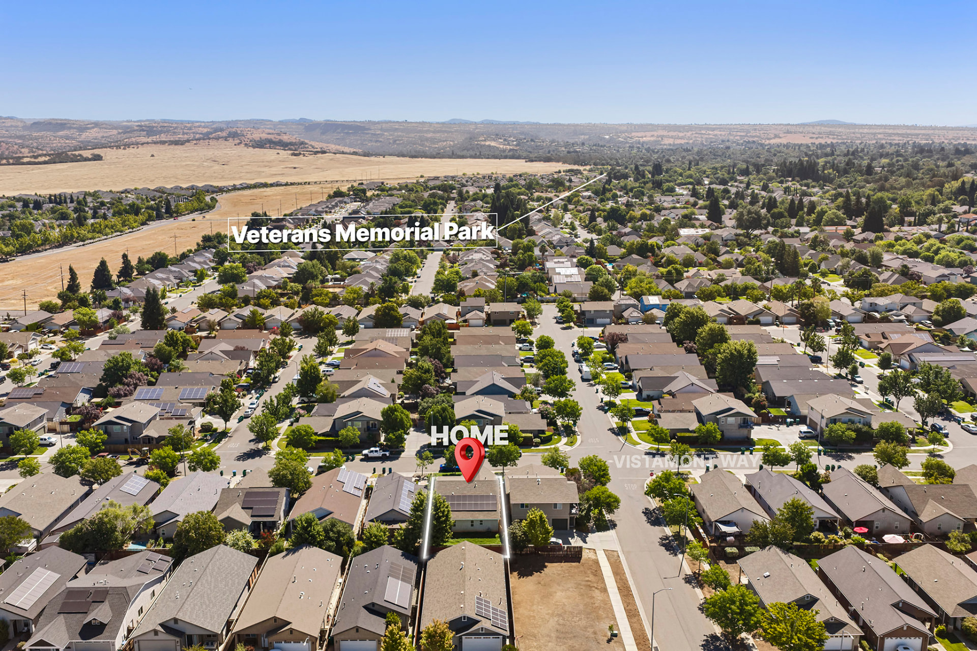 Aerial showing Veterans Memorial Park near the home